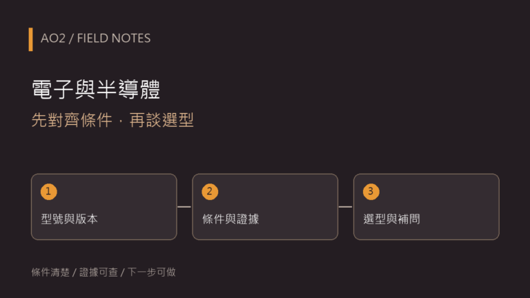 電子與半導體：先對齊條件，再談選型，依序核對型號與版本、條件與證據、選型與補問。
